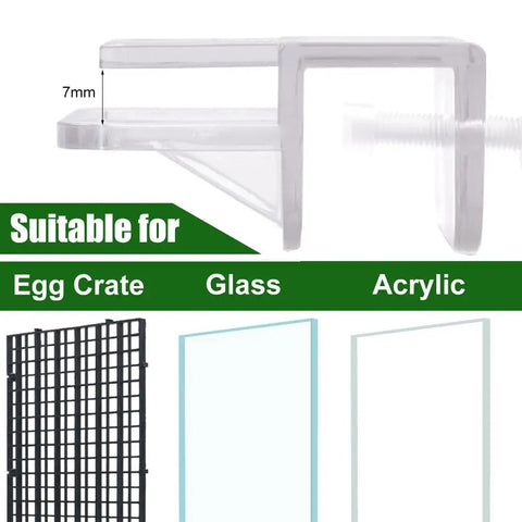 Solid As A Rock Aquarium Lid Clips, Transparent Abs Plastic Rimless Fish Tank Brackets And Anti Jump Guards close-up view showing suitability for various materials.