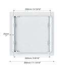 Front view of a white plastic 10x10 inch drywall access panel with a removable inner door.