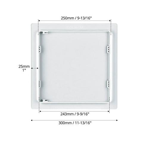 Front view of a white plastic 10x10 inch drywall access panel with a removable inner door.