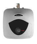 Front view of silver 2.5 Gallon 120 Volt Mini Tank Water Heater For Under Sink And RV Use Compact Space Heating Solution
