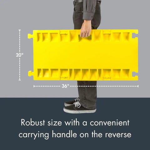 Side view of 4 Channel Industrial Drive Over Cable Protector For One And A Quarter Inch Lines showing its size and handle