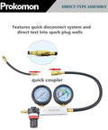 Prokomon engine cylinder leak-down tester kit with dual pressure gauges, brass fittings, and hoses