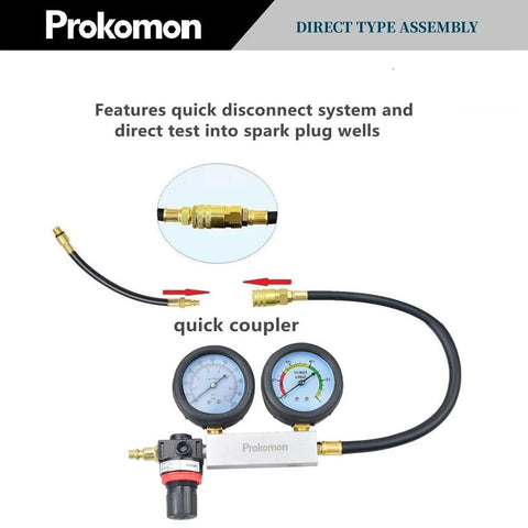 Prokomon engine cylinder leak-down tester kit with dual pressure gauges, brass fittings, and hoses