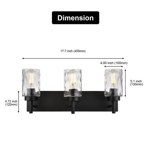 Three Light Modern Vanity Wall Sconce In Black With Hammered Glass Shades and dimensions shown for bathroom lighting.