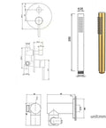 Technical drawings of UMJIGF Shower System Titanium Gold Brass Luxury Mixer Shower Faucet Set for installation guidance.