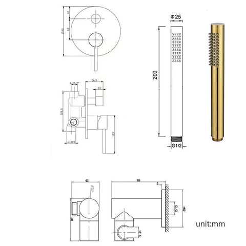Technical drawings of UMJIGF Shower System Titanium Gold Brass Luxury Mixer Shower Faucet Set for installation guidance.