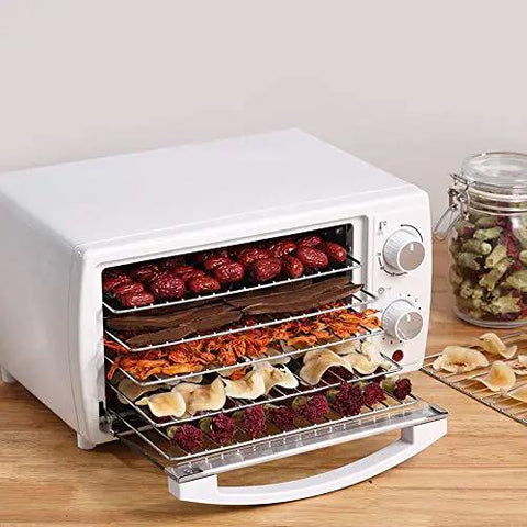 Digital Food Dehydrator That Slays The Heat For Perfect Homemade Fruit Snacks, Dog Treats, And Savory Jerky showing stacked trays with fruits and snacks.