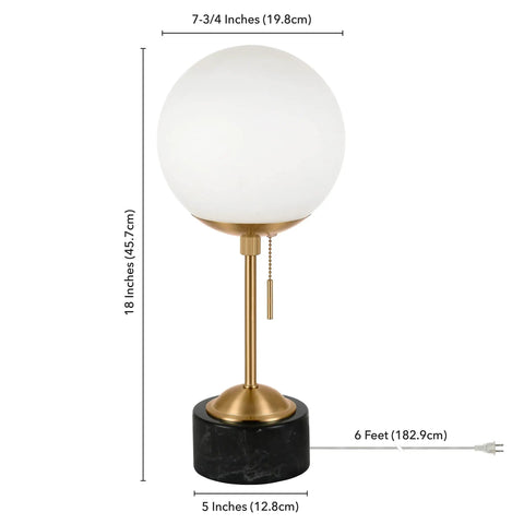18 Inch Tall Table Lamp With Glass Shade In Brass Black Marble And White Milk Glass For Home Office Living Room Nightstand Soft Diffused Glow That Feels Lit For Bedrooms Desks And Living Areas, dimensions shown