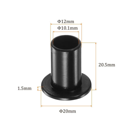 Four Pack Nylon Flanged Sleeve Bearings With 10.1 Mm Bore And 12 Mm Outer Diameter, measuring 20.5mm long, black nylon material.
