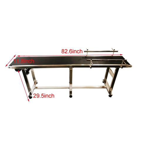 Side view of Beefed-Up Industrial PVC Belt Conveyor with Double Guardrails 82.6 inch long, 11.8 inch wide, showing dimensions