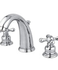 Victorian 8 Inch Widespread Lavatory Faucet With Pop Up Drain, 5 1/4 Inch Center To Center, Polished Chrome Finish close view