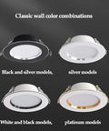 Four styles of JUDYSSY 8Pack White Baffle Trim LED Recessed Can Retrofit Light 3.9 Inch, featuring black, white, silver, and gold finishes.