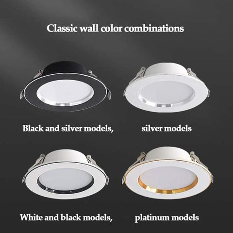 Four styles of JUDYSSY 8Pack White Baffle Trim LED Recessed Can Retrofit Light 3.9 Inch, featuring black, white, silver, and gold finishes.