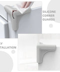 8 Pack Silicone Corner Guards for Kitchen Tables and Furniture Edges, easy installation shown with dark grey guard.