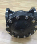 Rock Solid 4 Inch Swing Check Valve Hi PVC Body, heavy-duty black valve with bolts for plumbing systems.