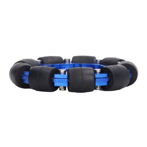 Omni wheel assembly with blue 4in aluminum hub and six black silicone rollers, front view