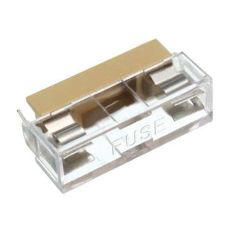 Pack Of 10 6 X 30mm PCB Fuse Panel Mount Holders With Dual Terminals 250V 10A Durable Plastic And Metal Construction For Automotive And Electrical Projects Fuses Not Included, showing a transparent plastic and metal holder with dual metal terminals