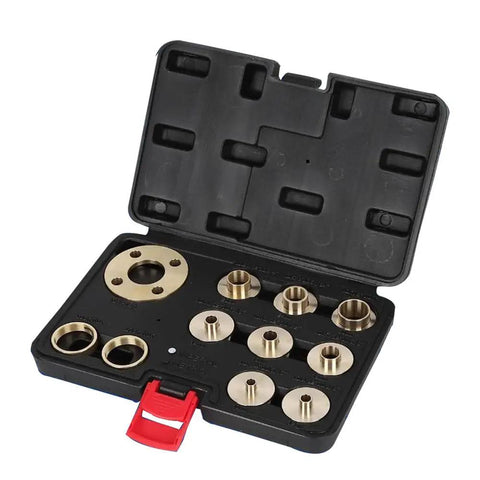 Heavy Template Router Guide Kit With 11 Piece Solid Brass Bushing Set And Lock Nut Adapter for hinge routing accessories in case.