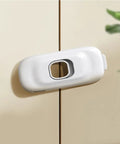 4 Pack Babyproof Cabinet Locks For Cabinets Drawers And Fridges Adjustable Length Easy Install White ABS Safety Locks For Kitchen Wardrobe And Freezer Keep Little Hands Safe No Tools Required white ABS lock on cabinet door.
