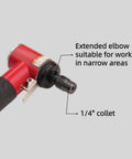 This Badass Pneumatic Air Angle Grinder Packs A Knockout 16000 Rpm Right Angle Die Design with 1/4 collet and extended elbow for narrow spaces.
