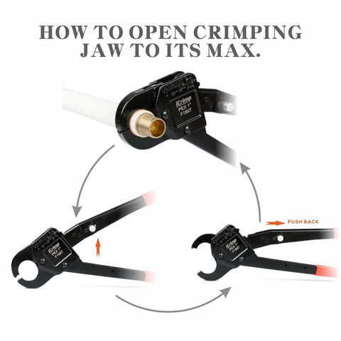 Steps to open crimping jaw of Angled Head PEX Crimp Tool For 1 Inch Copper Crimp Rings With Go No Go Gauge Compatible With ASTM F1807