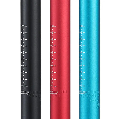 Color options of Dope Universal Mountain Bike Seat Post 27.2mm 30.9mm 31.6mm 400mm Long Aluminum 6061 T6 Seatpost visible in black, red, blue.