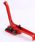 Manual Pet Strap Tensioner Tool With Palm Grip Handles Lightweight Portable Design Durable Steel Frame Quick Seal Fastener for cardboard boxes, red steel frame.