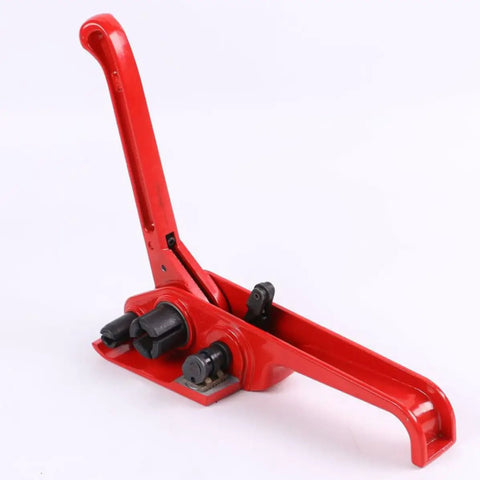 Manual Pet Strap Tensioner Tool With Palm Grip Handles Lightweight Portable Design Durable Steel Frame Quick Seal Fastener for cardboard boxes, red steel frame.