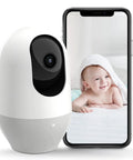2K Indoor WiFi Baby and Pet Camera with 360 Degree Pan featured next to a smartphone display showing a baby image