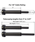 Diagram of telescoping lengths for Stainless Steel Cable Railing Hardware Kit For One Eighth Inch Cable System Hidden Mount With Black Turnbuckle Tensioners