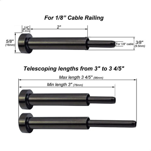 Diagram of telescoping lengths for Stainless Steel Cable Railing Hardware Kit For One Eighth Inch Cable System Hidden Mount With Black Turnbuckle Tensioners