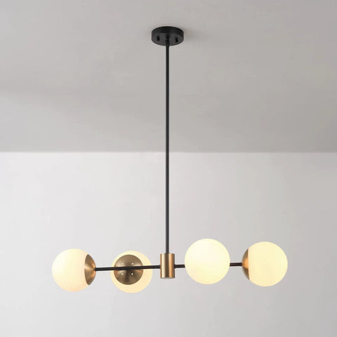Four Light Convertible Flush Mount Chandelier With Matte Black Finish, Brass Accents And Opal Glass Shades, Dope Ceiling Mount Light Fixture For Bedroom And Hallway, Modern Glam Ceiling Light