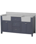 72 Inch Farmhouse Double Bathroom Vanity In Marine Gray Featuring Thick Engineered Marble Top And White Apron Sinks With Straight Up Solid Wood Drawers And Hella Durable Build, front view with dual sinks.