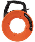 Non Conductive Electrical Fish Tape With Multi Groove Fiberglass Wire Puller Nylon Tip And Pro Grade Housing And Handle For Smooth Feeding In Conduits 100 Foot, featuring orange circular housing and black handle.
