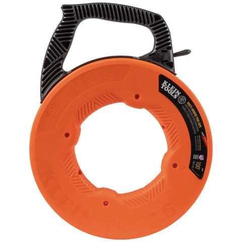 Non Conductive Electrical Fish Tape With Multi Groove Fiberglass Wire Puller Nylon Tip And Pro Grade Housing And Handle For Smooth Feeding In Conduits 100 Foot, featuring orange circular housing and black handle.