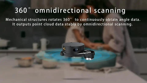 RPLIDAR X3 360 Degree 2D Lidar Sensor With 8m Range, 10Hz Scan Rate on kitchen counter background demonstrating obstacle avoidance