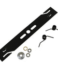 Power Rake De Thatch Blade Two And One Quarter Inch Width Universal Fit For Most Mowers Loosens And Removes Dead Grass Helps New Seed Root And Grow Kit Includes ID Washers In Three Eighths Inch Seven Sixteenths Inch And Five Eighths Inch with components shown