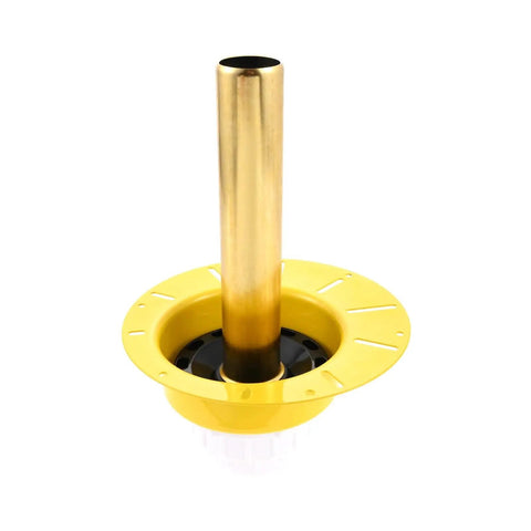 Premium Freestanding Tub Drain Kit With Tail Pipe Adapter For Bathtub Rough In Plumbing Connector showing gold drain pipe and black base.