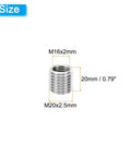 Stainless steel thread reducer sleeve with external M20 and internal M16 threads, 20 mm long.