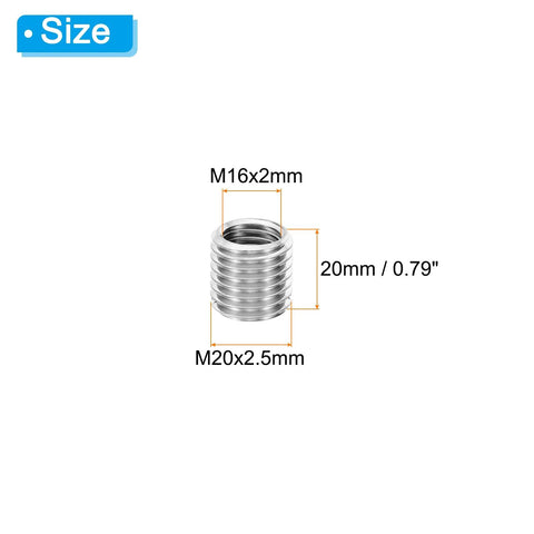 Stainless steel thread reducer sleeve with external M20 and internal M16 threads, 20 mm long.