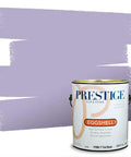 Pro Grade Interior Paint And Primer In One, One Gallon Eggshell Finish can of paint against a lavender wall swatch.