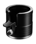 Real Deal Aluminum Espresso Tamper Station With Solid Portafilter Holder And Quick Snap Knock Block For Smooth Pulls Black Grounds Catcher side view of metal holder.