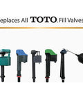 Five different toilet fill valves displayed against a white background, labeled as compatible replacements for TOTO fill valves.