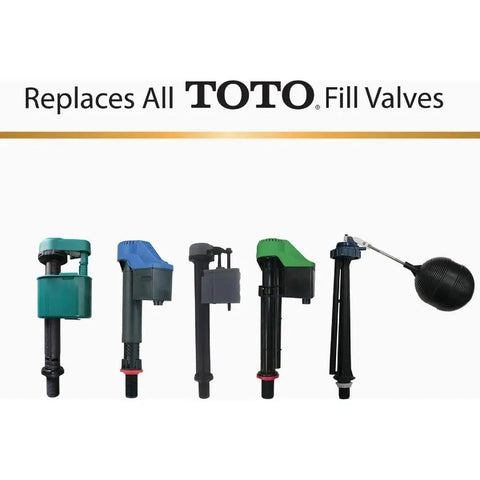 Five different toilet fill valves displayed against a white background, labeled as compatible replacements for TOTO fill valves.