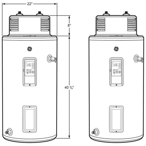 Heavy Duty 30 Gallon Electric Water Heater 5500 Watt 240 Volt side view with measurements and controls shown.