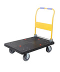 Heavy Duty Flatbed Hand Cart Folding Platform Truck With Plastic Panel And Metal Handle Portable Rolling Cart For Home Garage Warehouse Auto Shop Tradeshow Use 500 Lb Capacity Folds Flat For Easy Storage, yellow frame, black deck