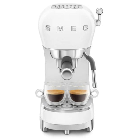 Retro White Italian Espresso Machine Featuring Manual 15 Bar Pump And Strong Steam Wand For Dope Home Brewed Shots And Creamy Milk Froth That Hits Different Every Single Time with two espresso shots.