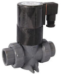 1 Inch PVC True Union Solenoid Valve Featuring Fpm Seals And Heavy Wall Construction Designed For Continuous Duty Operations Built Like A Tank For No Sweat Reliability, shown from side angle with black top.