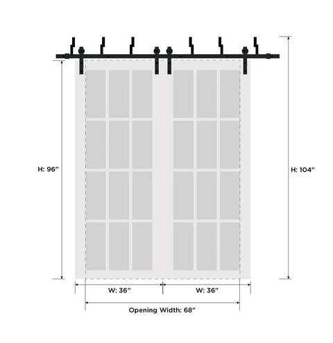 Built Tough Interior Barn Bypass Sliding Doors With Frosted Glass And Sturdy Solid Wood Panels In A Smooth Black Finish Sized At 72 By 96 Inches For Your Home Featuring Rock Solid Classic Design And Complete Heavy Duty Rolling Hardware Kit. Dimensions: 96" height, 68" opening width.