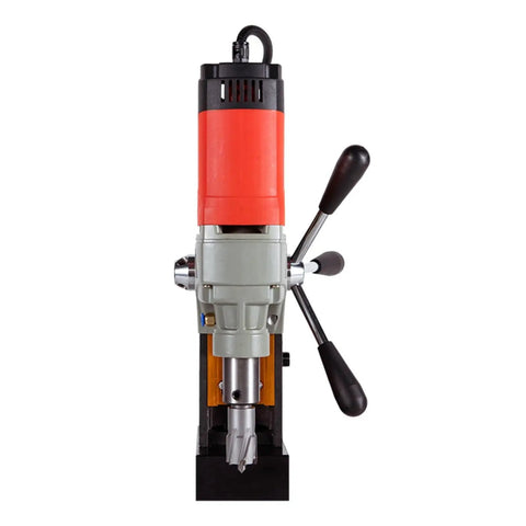 Heavy Duty Magnetic Drill Press For Metal Core Hole Cutting With Double Dovetail Guide, showing front view of power tool with drill bit.